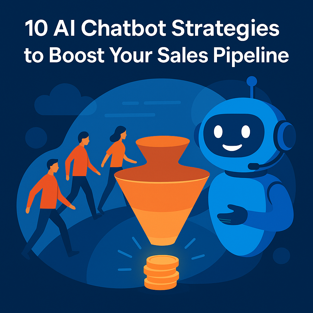 Hero illustration showing an AI chatbot guiding visitors into a glowing sales funnel that converts into leads and revenue.